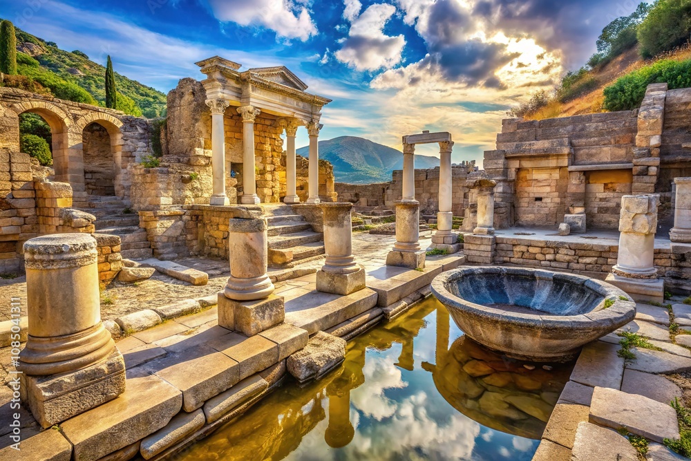 Naklejka premium Ancient Ephesus Bath of Varius, Urban Exploration, Turkey, AI Photography, Ruins, Historical, Architectural