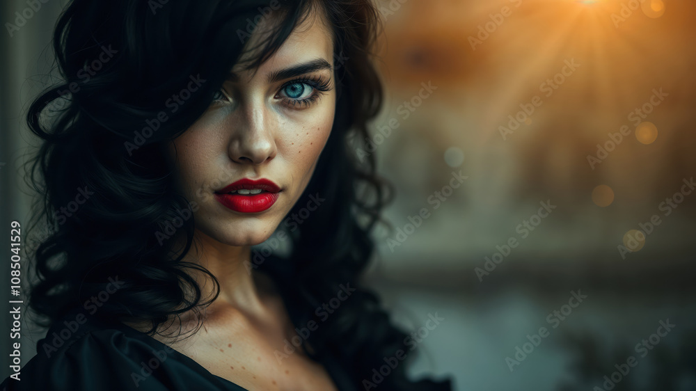 Elegant Woman with Striking Red Lips and Dark Hair Portrait Elegant Woman with Striking Red Lips and Dark Hair Portrait