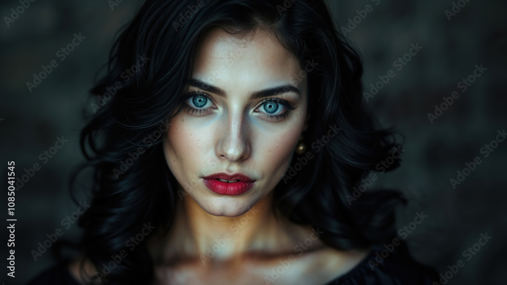 Elegant Woman with Striking Red Lips and Dark Hair Portrait Elegant Woman with Striking Red Lips and Dark Hair Portrait