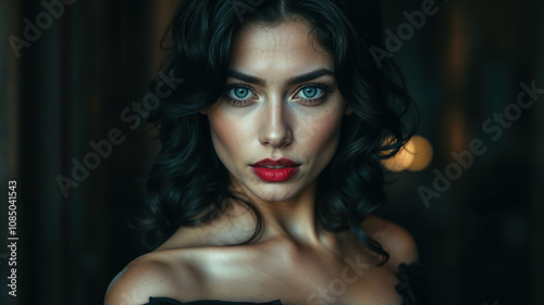 Elegant Woman with Striking Red Lips and Dark Hair Portrait