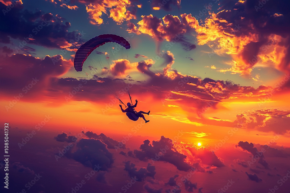 Obraz premium Parachutist with parachute makes heavenly adventure against on landscape