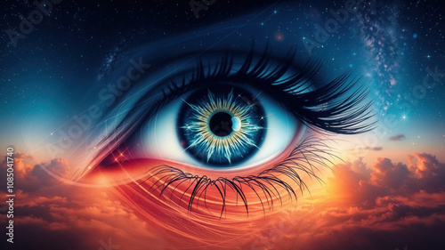 Close-Up of Eye with Digital Interface and Blue Sky