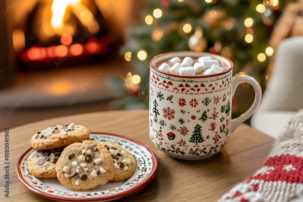 A festive mug of hot chocolate with marshmallows sits on a decorated table with cookies, surrounded by a lit Christmas tree and a glowing fireplace A festive mug of hot chocolate with marshmallows sits on a decorated table with cookies, surrounded by a lit Christmas tree and a glowing fireplace