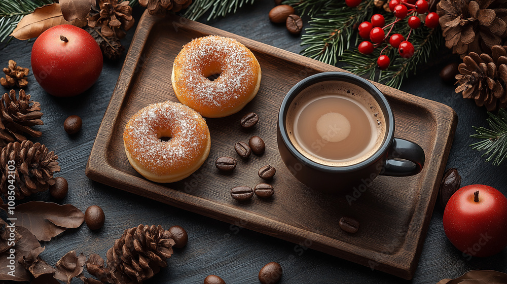 A cup of strong coffee on the Christmas table with spruce twigs and toys. Preparing for the holiday A cup of strong coffee on the Christmas table with spruce twigs and toys. Preparing for the holiday