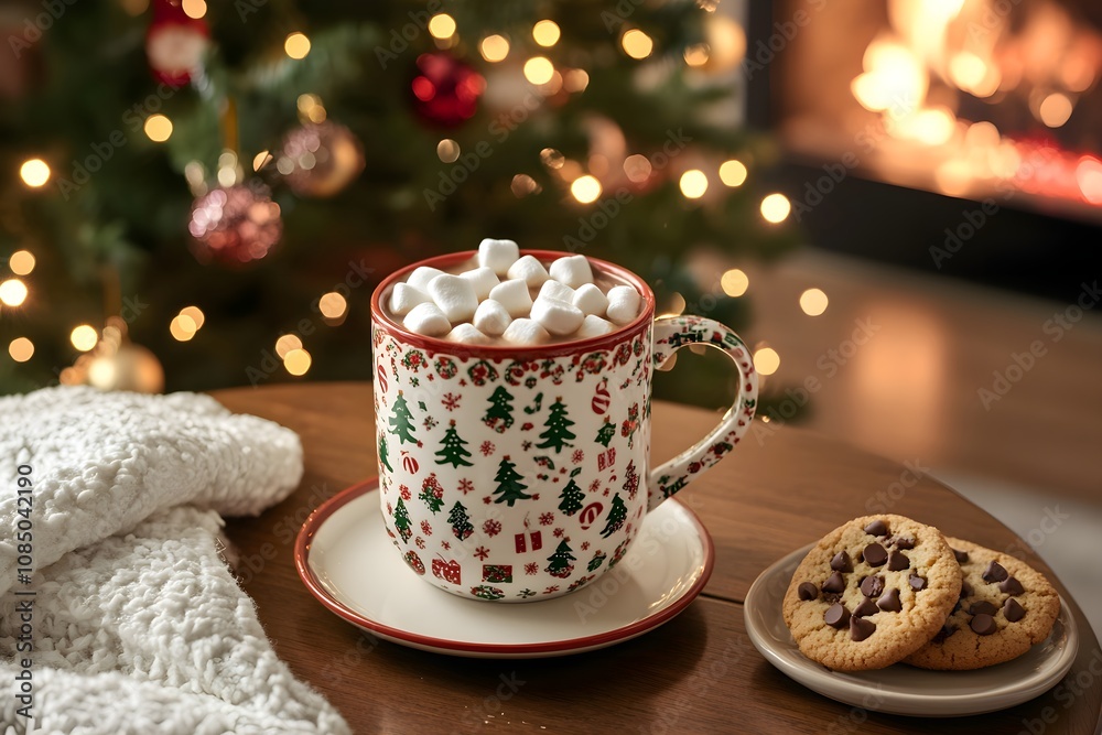 A festive mug of hot chocolate with marshmallows sits on a decorated table with cookies, surrounded by a lit Christmas tree and a glowing fireplace A festive mug of hot chocolate with marshmallows sits on a decorated table with cookies, surrounded by a lit Christmas tree and a glowing fireplace