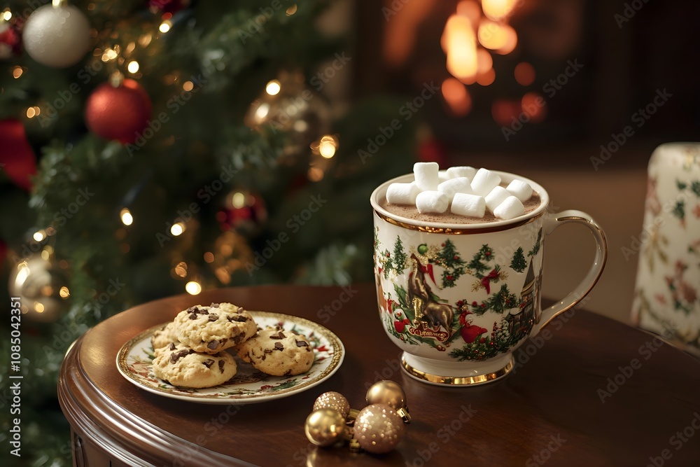 A festive mug of hot chocolate with marshmallows sits on a decorated table with cookies, surrounded by a lit Christmas tree and a glowing fireplace A festive mug of hot chocolate with marshmallows sits on a decorated table with cookies, surrounded by a lit Christmas tree and a glowing fireplace