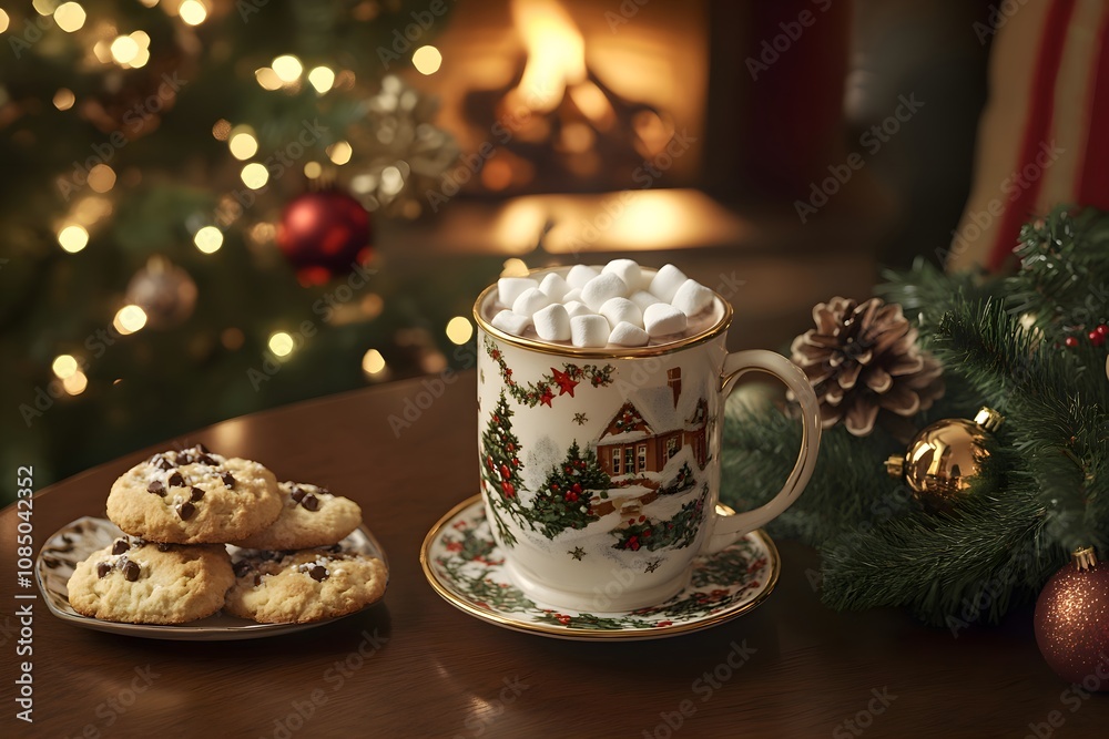 A festive mug of hot chocolate with marshmallows sits on a decorated table with cookies, surrounded by a lit Christmas tree and a glowing fireplace A festive mug of hot chocolate with marshmallows sits on a decorated table with cookies, surrounded by a lit Christmas tree and a glowing fireplace