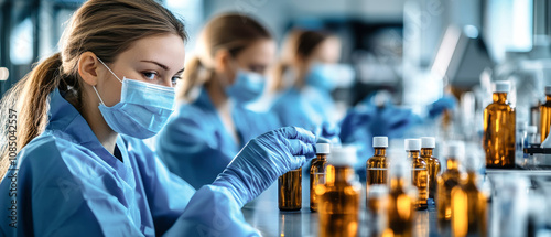 Young female workers in blue protective suits perform quality control on bottles in a modern medical laboratory during a beauty industry production run