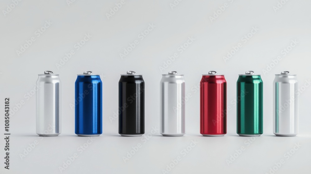 Aluminum beverage cans in silver, white, black, blue, red, and green, separated on a clean white background Aluminum beverage cans in silver, white, black, blue, red, and green, separated on a clean white background