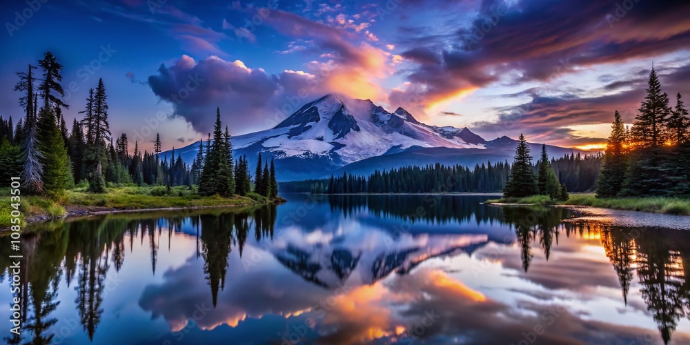 Fototapeta premium Majestic Clouds Parting Over Mount Rainier Peak at Dusk, Illuminating the Landscape with a Soft Glow and Reflective Puddles, Capturing Nature's Beauty and Serenity in Low Light