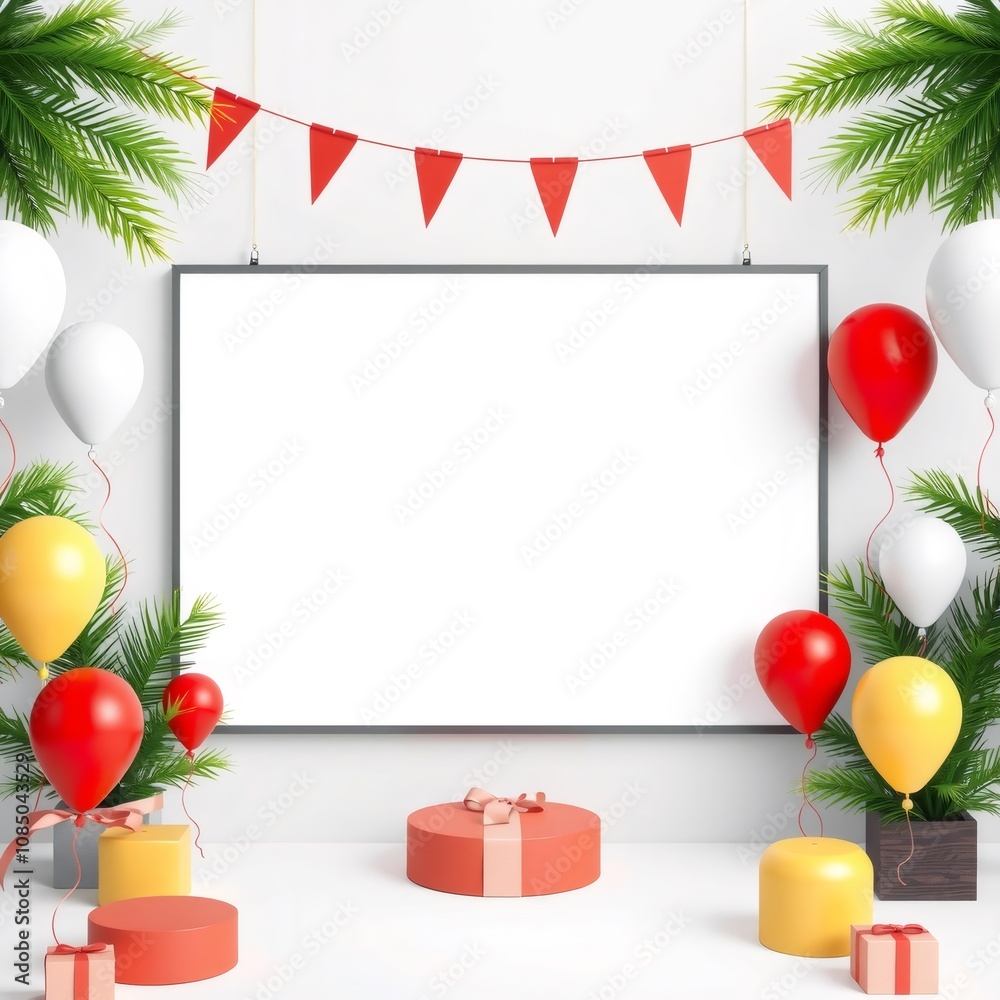 Blank Canvas with Balloons and Gift Boxes for Celebration.