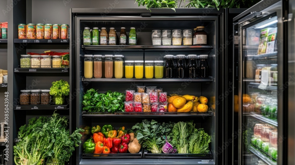 Front view of a fully stocked refrigerator containing fresh produce, juices, and other nutritious items Front view of a fully stocked refrigerator containing fresh produce, juices, and other nutritious items