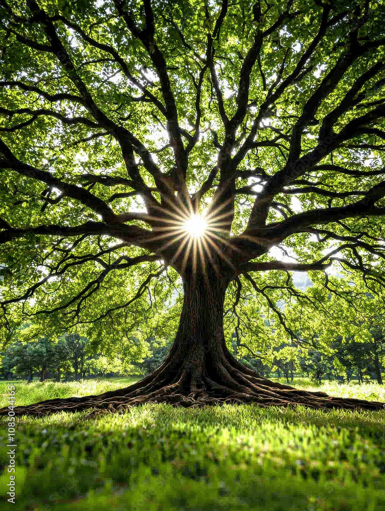 Fototapeta premium Colossal Tree Growing in Vibrant Green Landscape