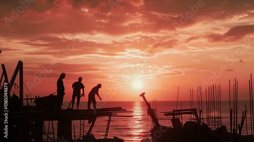 Construction Workers Silhouette at Sunset Over Ocean with Beautiful Sky and Clouds Reflecting Natural Colors at Dusk