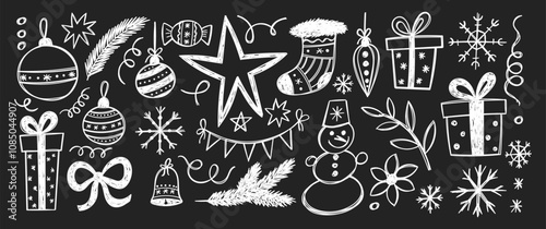 Set of Christmas doodles of star, present box, snowman, snowflake with chalk texture. Hand drawn white vector illustration on a blackboard.