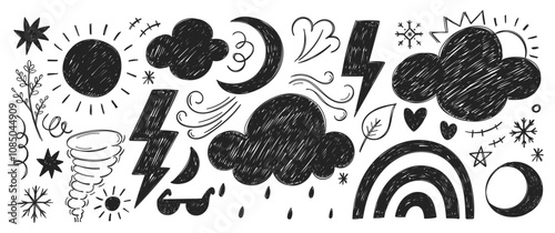 Collection of weather symbols with crayon, chalk and pencil texture. Vector illustration of rain, hurricane, sun, star, lightning on a white background.