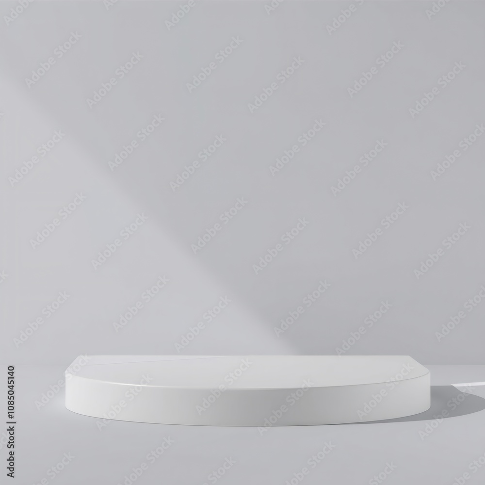 Simple white platform for product display with a shadow of sunlight on a light grey background. Simple white platform for product display with a shadow of sunlight on a light grey background.