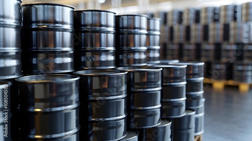 Oil barrels stacked in a storage facility waiting for distribution