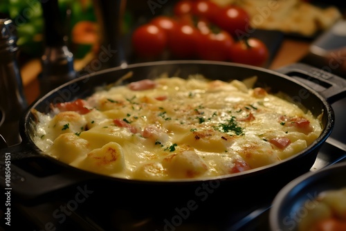 A close-up of bubbling tartiflette in a terracotta dish with melted cheese, potatoes, and bacon, on a wooden table in a cozy French chalet, with a glowing chimney and snowy pines outside