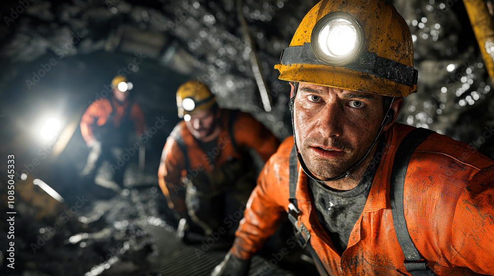Naklejka premium Underground mining workers in safety gear, focused on their task. scene captures intensity and dedication of mining professionals in challenging environment