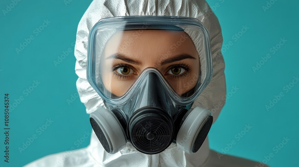 A pest control worker in a white protective suit and mask, holding a poison spray bottle, ready to tackle an insect infestation. A pest control worker in a white protective suit and mask, holding a poison spray bottle, ready to tackle an insect infestation.