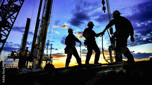 Silhouetted oil workers collaborate on a drilling rig at dusk against a vibrant blue sky, capturing the essence of industrial labor