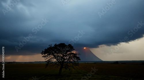 Dramatic zoom out video of a lone tree in a prairie during a late afternoon storm with an approaching tornado.