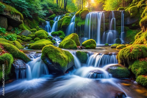 Closeup Waterfall Mossy Rocks Copy Space AI Photo