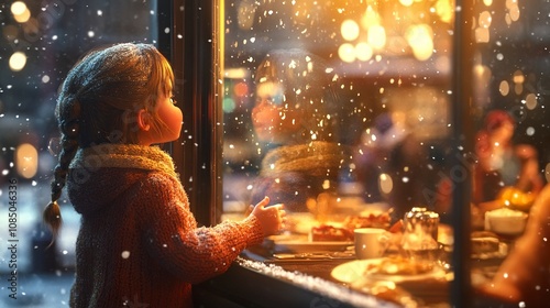 The little girl stood outside the window of a restaurant, her face pressed against the glass, her eyes filled with envy and longing. generative ai