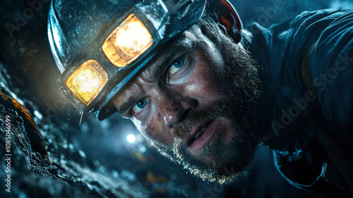 Wallpaper Mural mining engineer inspects underground site, showcasing determination and focus. dimly lit environment highlights miner intense expression and safety gear Torontodigital.ca