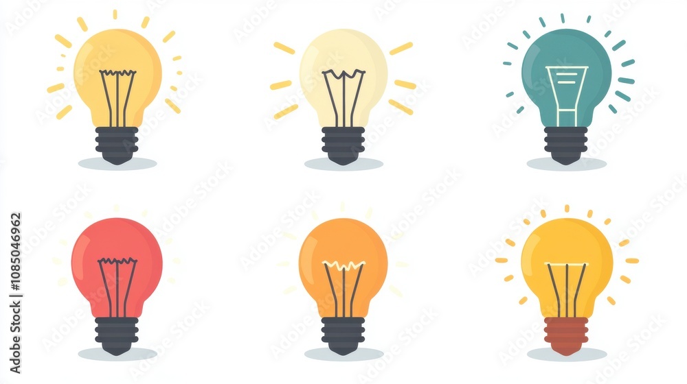 Six colorful light bulbs with different designs and brightness. Six colorful light bulbs with different designs and brightness.