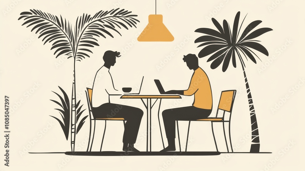 Two individuals working at a table with laptops. Two individuals working at a table with laptops.