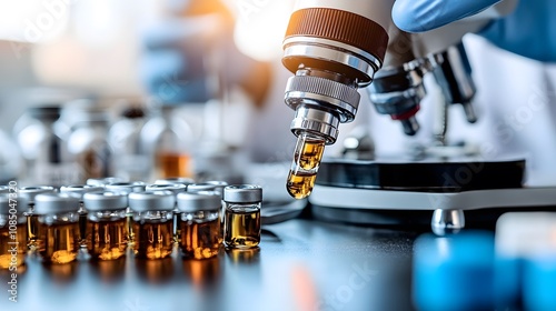 Close-Up of Laboratory Robotic Arm Filling Glass Vials with Amber Liquid in a Pharmaceutical Setting