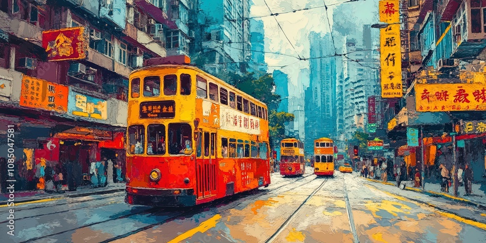 Obraz premium Vibrant Hong Kong tram cityscape. Colorful tram in busy vibrant city. Urban transportation blends with iconic architecture. Bustling street scene for travel and urban tourism.