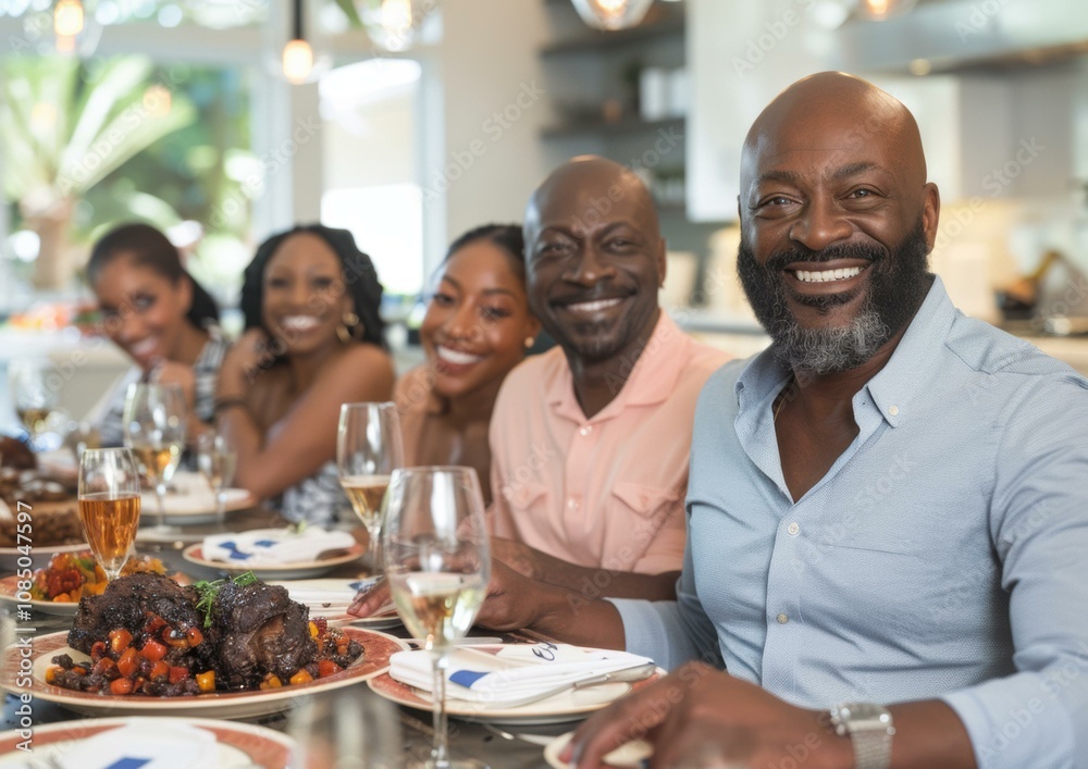 A man smiles while dining with friends. AI. A man smiles while dining with friends. AI.