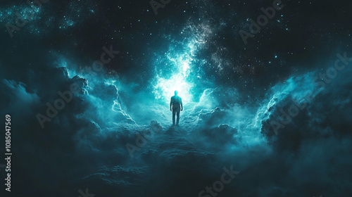 A solitary traveler stands amidst cosmic clouds under a starry night sky