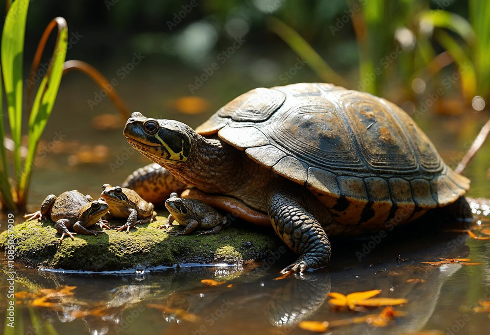 Turtle and Frogs Relaxing on a Sunlit Mossy Rock Turtle and Frogs Relaxing on a Sunlit Mossy Rock