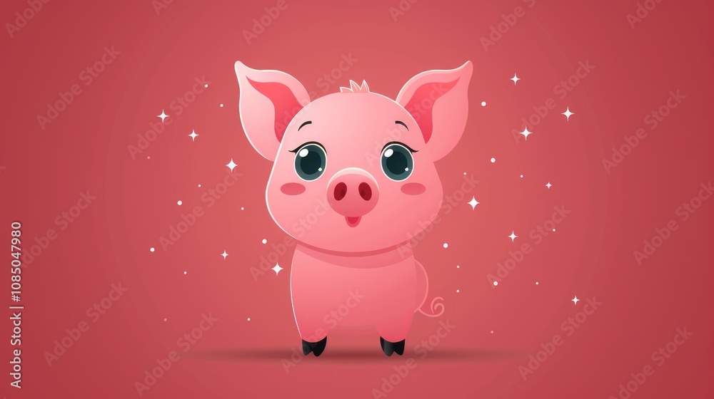 Fototapeta premium Cute cartoon piglet on red background.