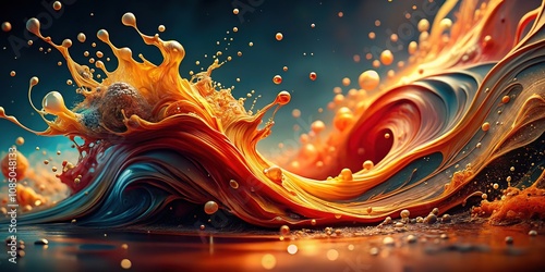 Coral Orange Liquid Swirls with Gold Splatter - Artistic Surface Poster