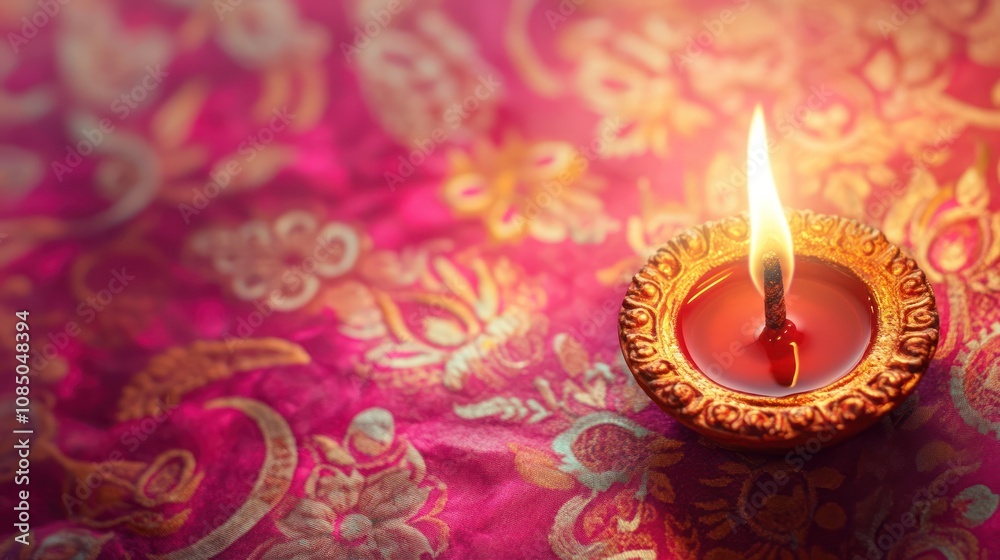 A lit oil lamp on a vibrant fabric background, symbolizing celebration. A lit oil lamp on a vibrant fabric background, symbolizing celebration.