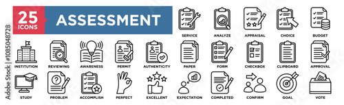 Assessment icon collection set. Containing design Service, Analyze, Appraisal, Choice, Budget