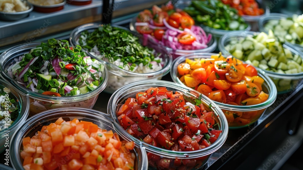 Variety of salads in metal bowls on the table in a restaurant Variety of salads in metal bowls on the table in a restaurant