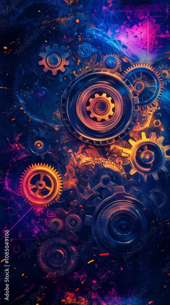 Beautiful poster art, gears and pistons, neon Graphic Arts background Beautiful poster art, gears and pistons, neon Graphic Arts background