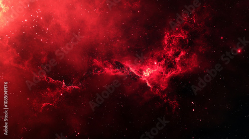 Vivid red cosmic clouds illuminate the night sky in deep space beyond Earth