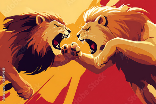 Two roaring lions facing each other, showcasing power and intensity in a vibrant design. photo