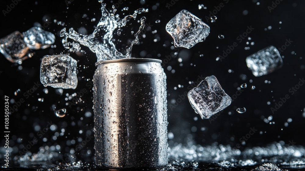 Flying ice cubes and an empty aluminum can with splashes, isolated on a black background Flying ice cubes and an empty aluminum can with splashes, isolated on a black background