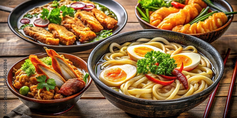 Delicious Japanese Udon Noodle Soup Variations - Double Exposure Illustration Delicious Japanese Udon Noodle Soup Variations - Double Exposure Illustration