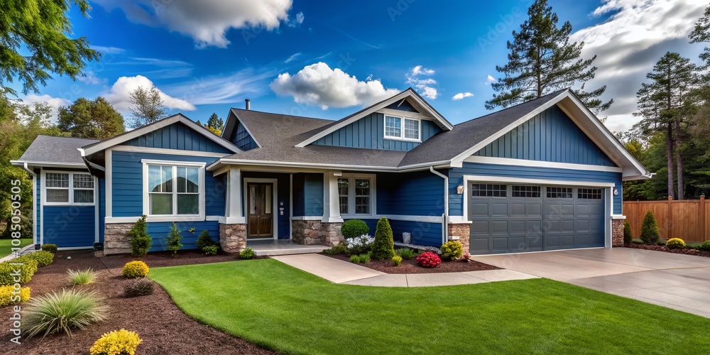 Panoramic View of a Stunning New Ranch Style Home with Blue Siding and a Beautifully Landscaped Yard, Perfect for Modern Living and Family Gatherings Panoramic View of a Stunning New Ranch Style Home with Blue Siding and a Beautifully Landscaped Yard, Perfect for Modern Living and Family Gatherings