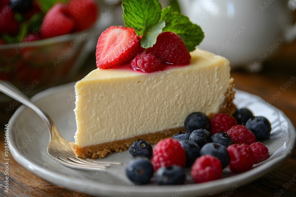 Delicious Cheesecake Slice with Fresh Berries and Mint Garnish Delicious Cheesecake Slice with Fresh Berries and Mint Garnish
