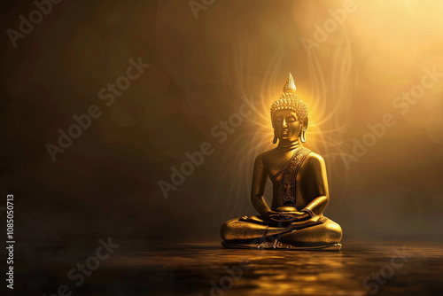 Greeting card with ancient statue great Buddha on holiday composition